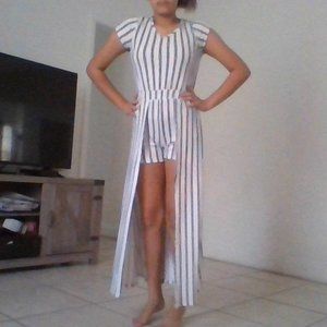 Black and White Stripped Romper with a Long Trail.
